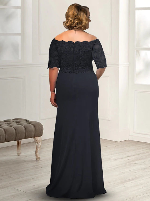Etuikleid/Säulenkleid für die Brautmutter, Übergröße, elegant, schulterfrei, bodenlang, Chiffon, Spitze, halbe Ärmel mit Applikationen